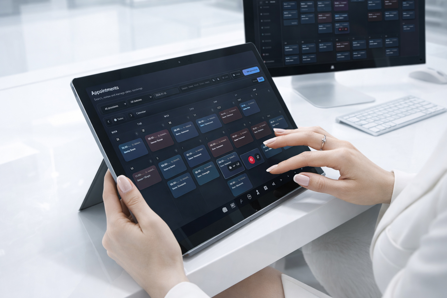 Tablet showing a scheduling calendar interface