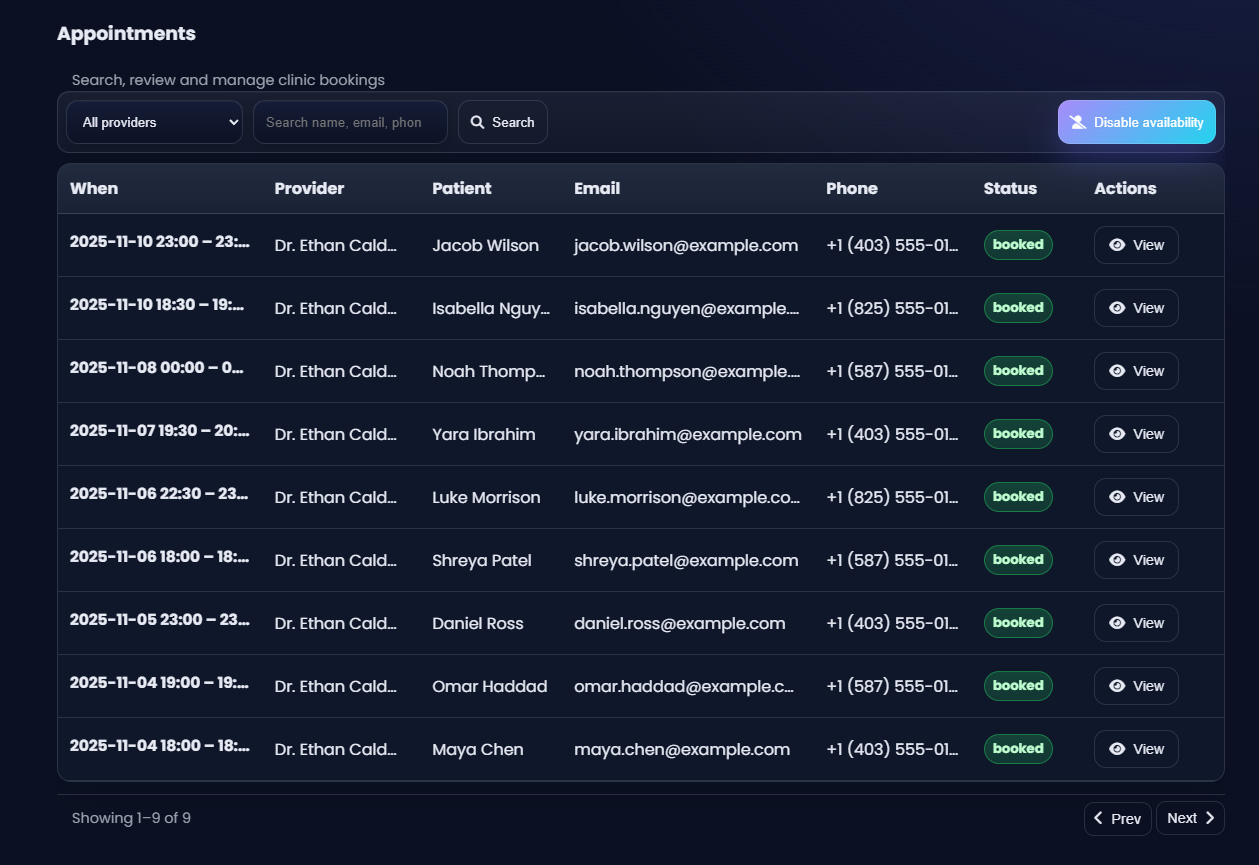 Qlynic appointments table showing booked visits