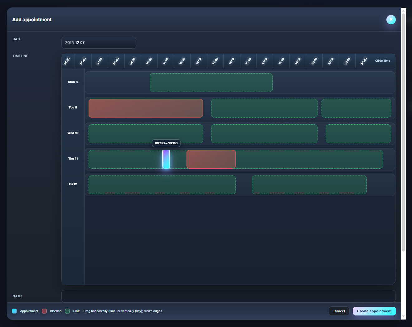 Admin add-appointment timeline view