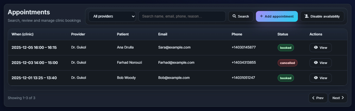 Appointments list with search and filters
