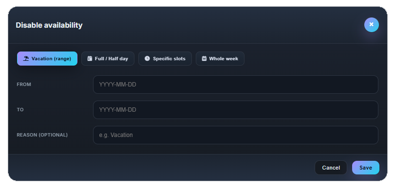 Disable availability modal with Vacation mode