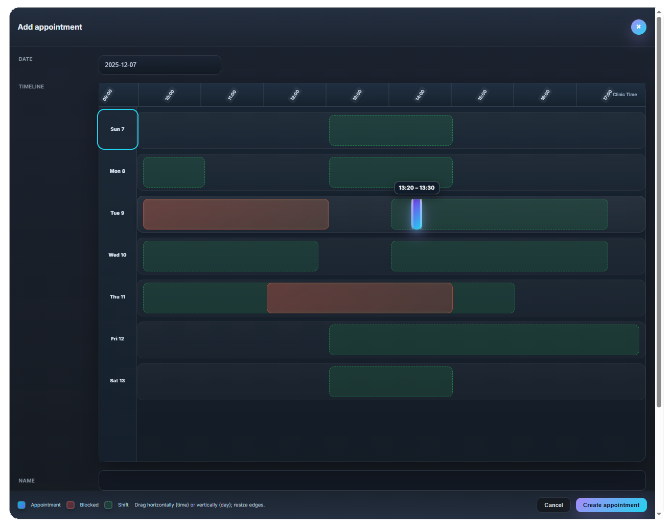 Admin timeline with appointments and red blackout blocks
