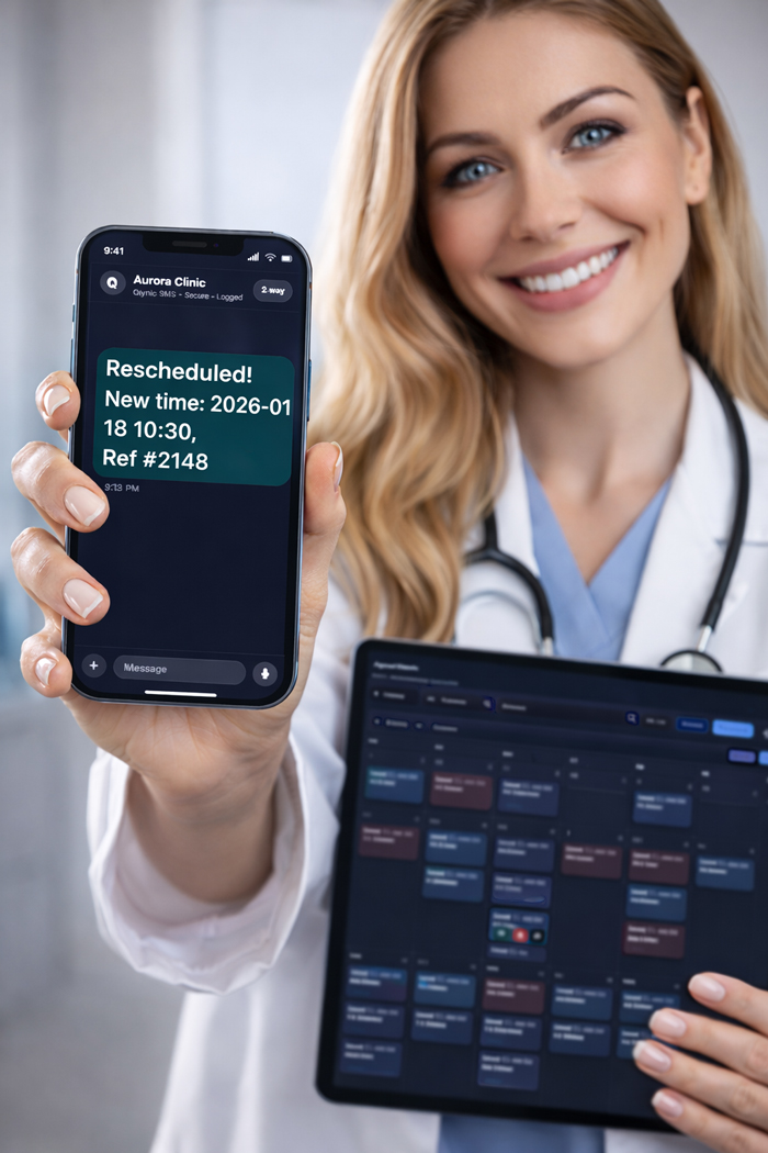 Clinic staff holding a phone with a rescheduled appointment confirmation and a calendar view on a tablet