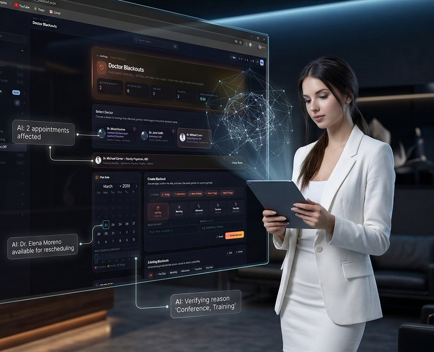 Clinic administrator using Qlynic's holographic AI impact analysis interface to assess a doctor blackout