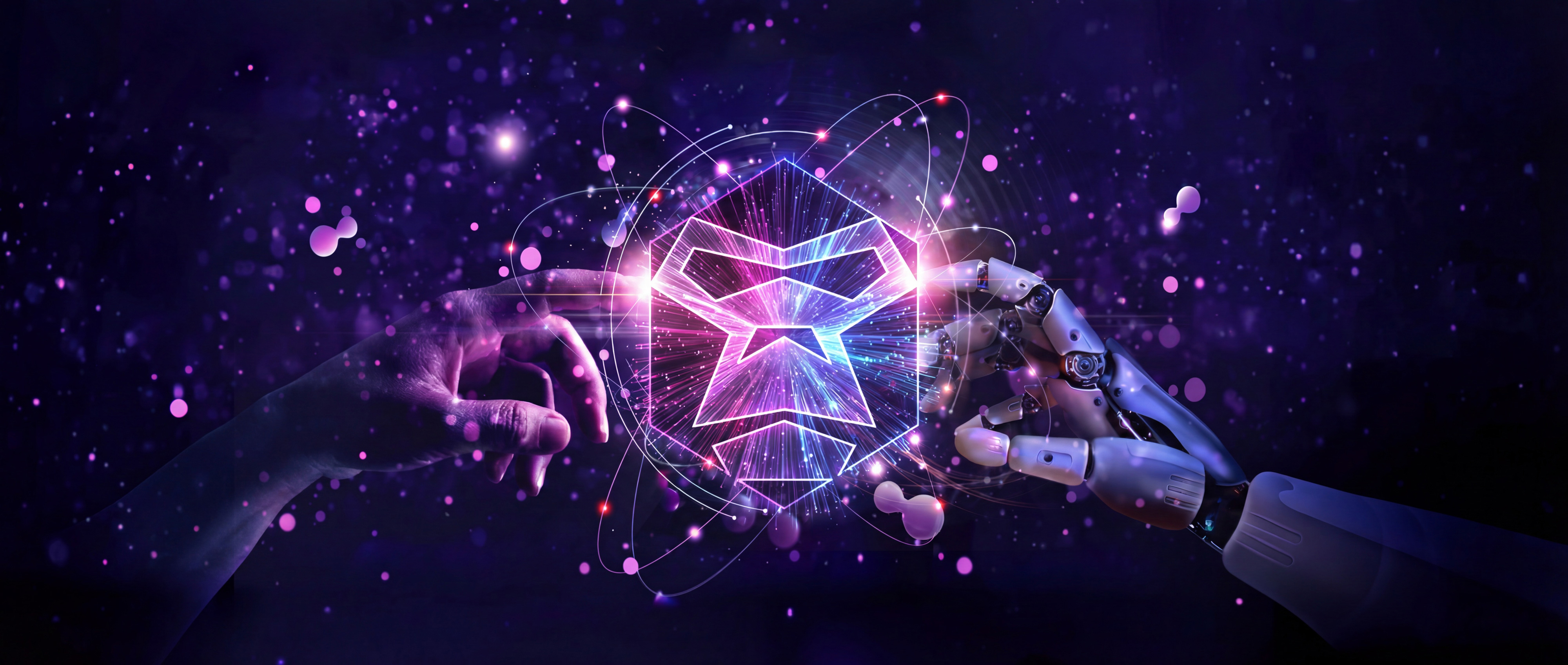 Human hand and robotic hand reaching toward each other — representing the connection between patient and AI