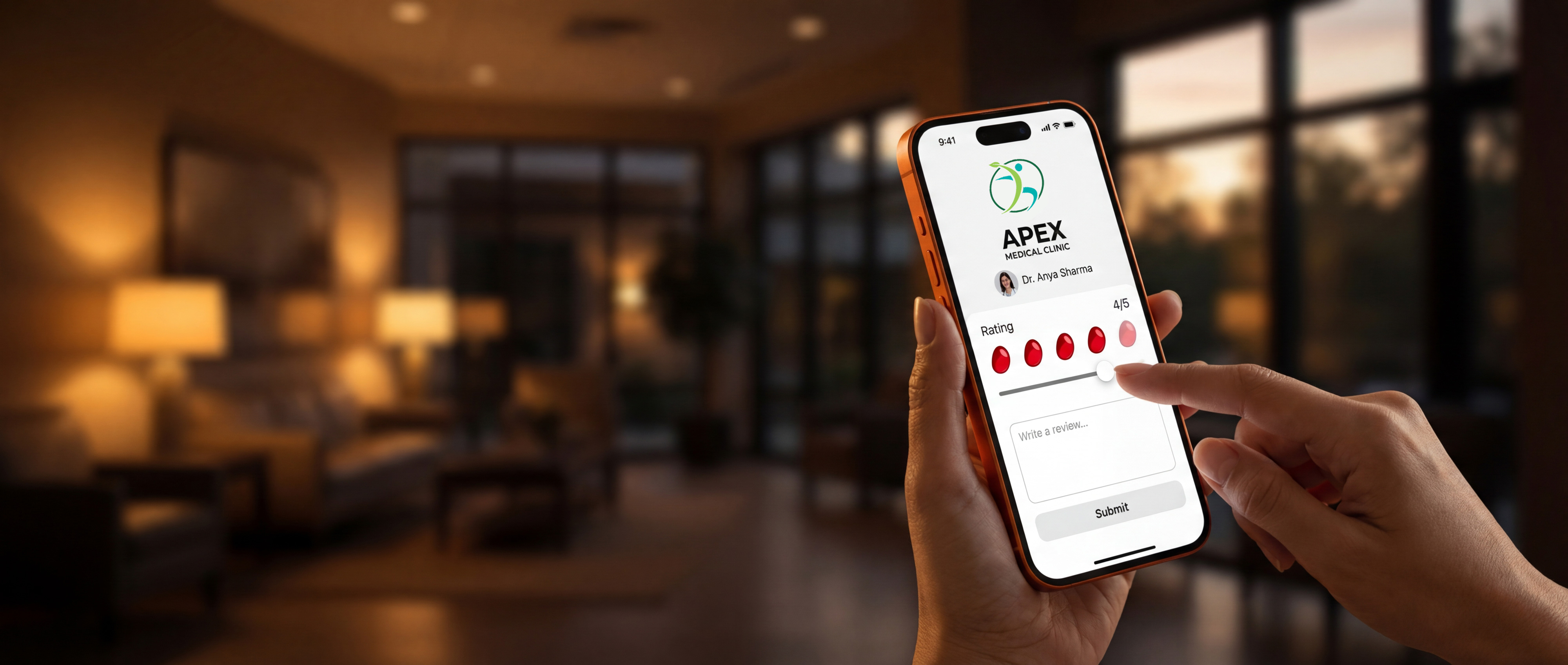 Warm clinic lobby — patient leaving after appointment